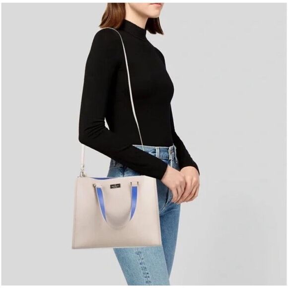 Kate Spade Pumice and Adventure Blue Arbour Hill Kyra Convertible Leather Tote - Picture 1 of 16
